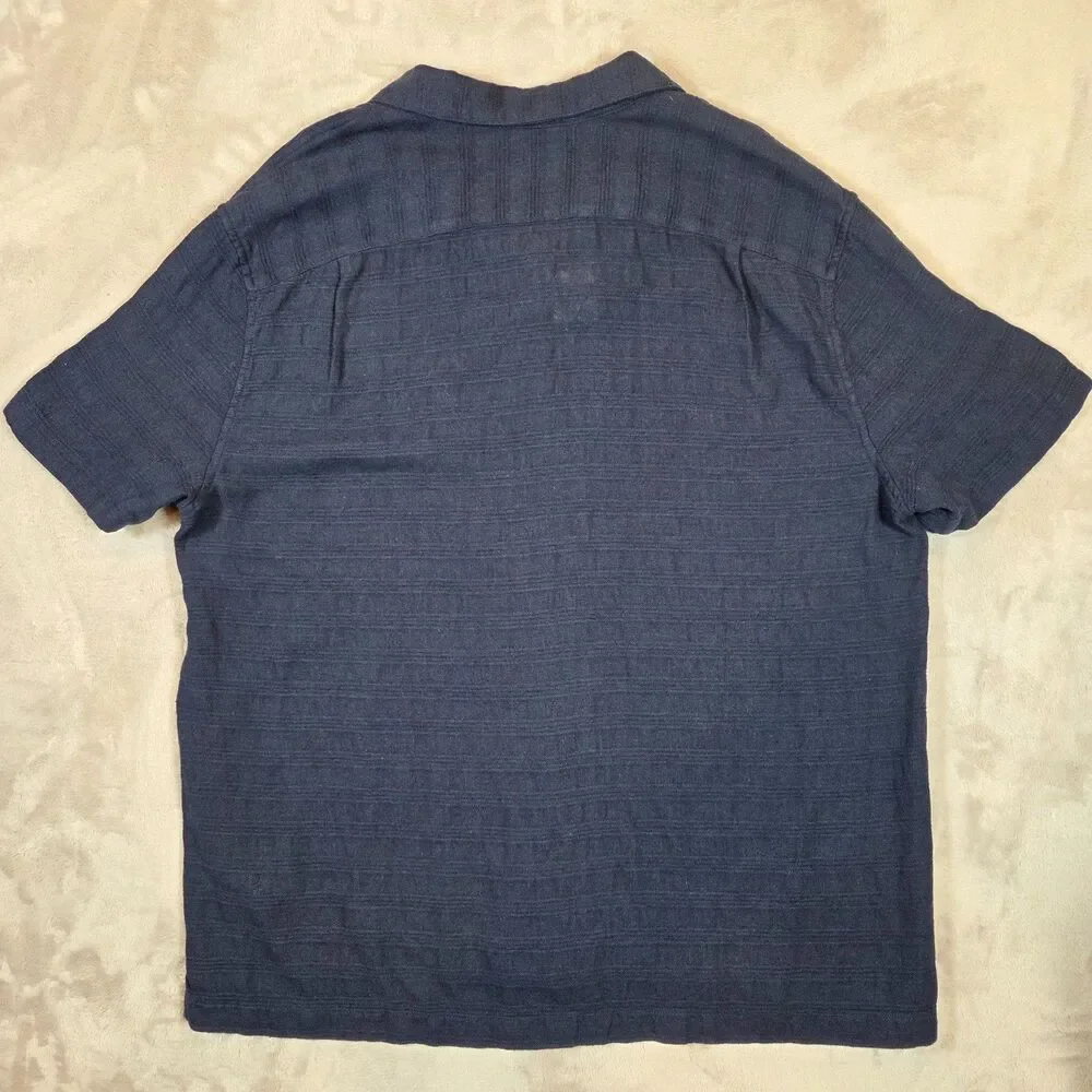 J.Crew Mens XL Linen Cotton Camp Collar Shirt Navy Short Sleeve NWT